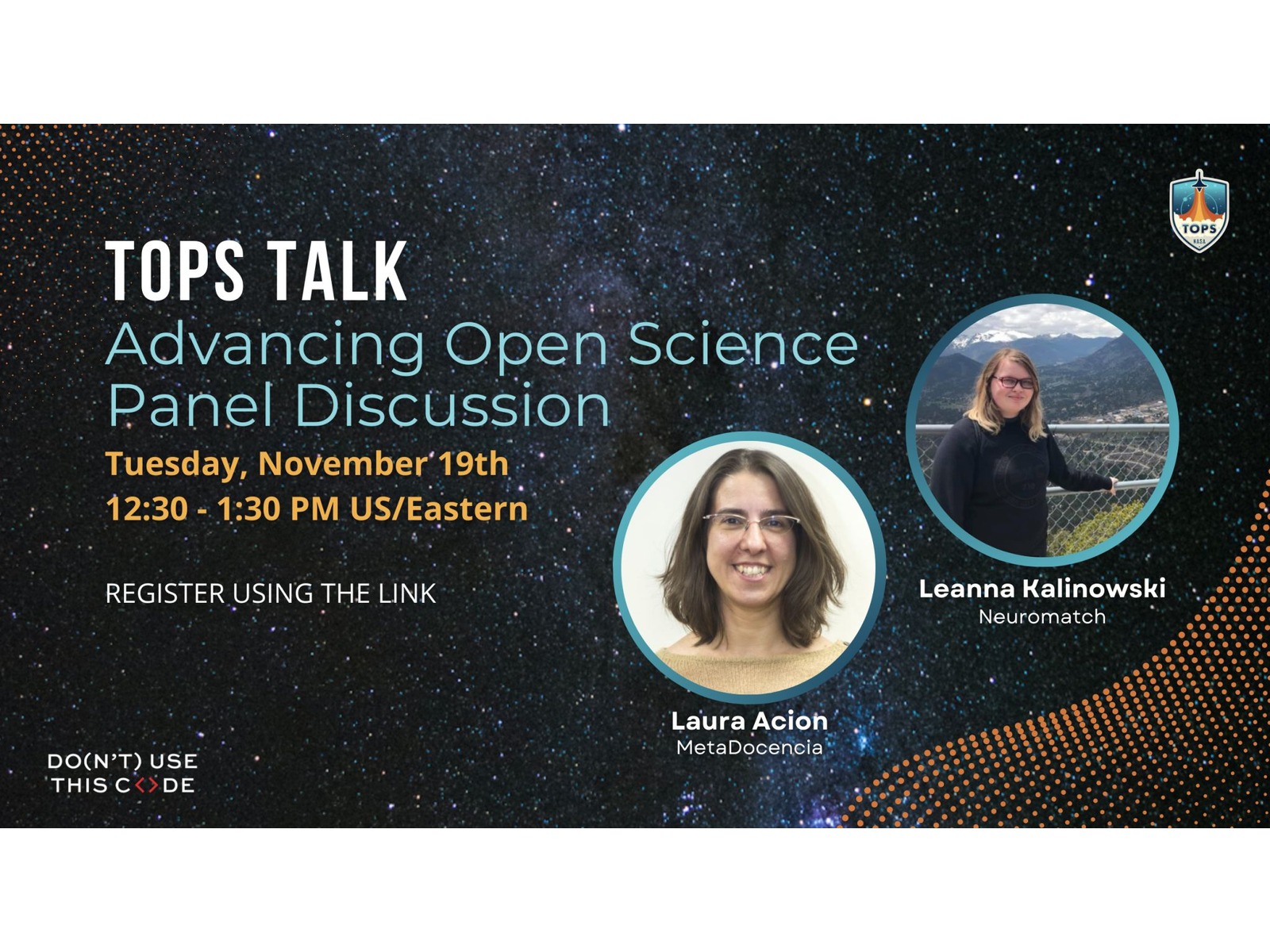 Descripción de la imagen del evento NASA TOPS Talks: Advancing Open Science Panel Discussion.